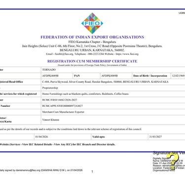 Official Registration Cum Membership Certificate from the Federation of Indian Export Organisations for TORNADO company.