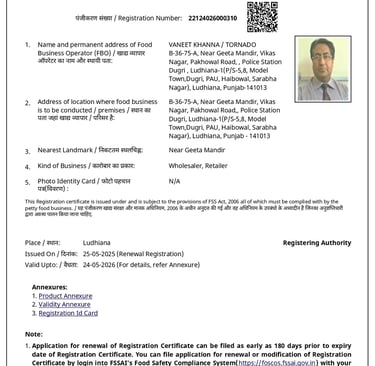 FSSAI Food Safety Registration Certificate for a food business operator in Ludhiana, Punjab-TORNADO