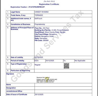 Official Government of India GST registration certificate for Vaneet Khanna and Tornado business in Bengaluru.