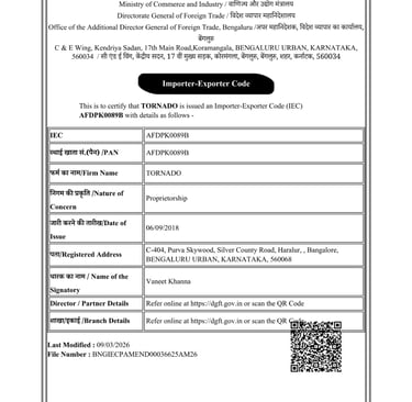 Official Importer-Exporter Code certificate issued by the Government of India to TORNADO proprietorship in Bengaluru.