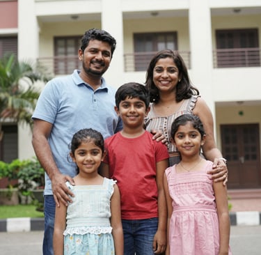 Smiling housing society residents standing together outside their newly redeveloped building.