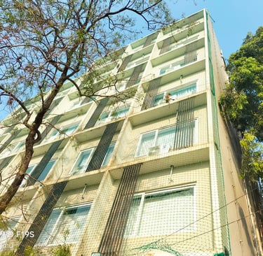Wide shot showing a full balcony covered with a neatly fitted pigeon net against a bright sky.