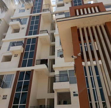 Evening shot of a pigeon net casting soft shadows on a sunlit apartment wall.