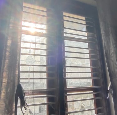 A window in KR Puram fitted with a mosquito net, sunlight filtering through the fine mesh.