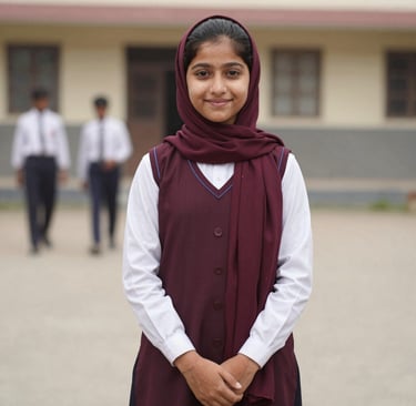 A young girl proudly wearing her new school uniform and shoes, standing outside her home.