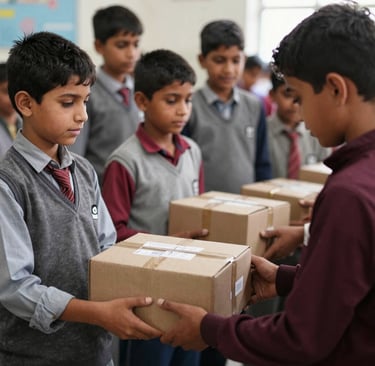 Volunteers distributing nutritious lunch boxes to eager students sitting in a school courtyard.