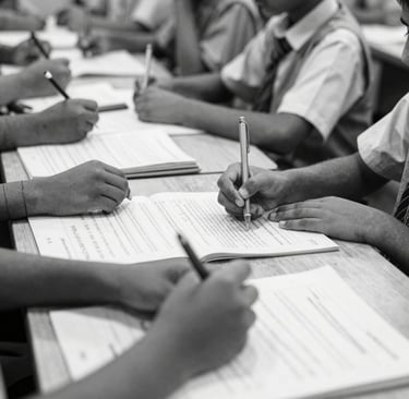 A classroom scene showing attentive students engaged in learning with their new course materials.