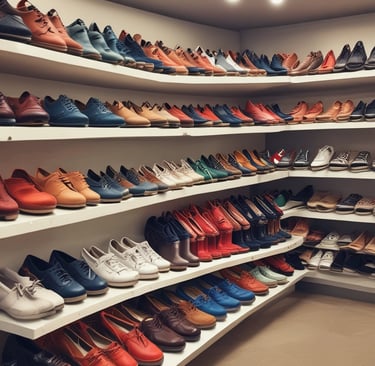 A variety of colorful shoes lined up on a rustic wooden shelf, showcasing styles for all family members.