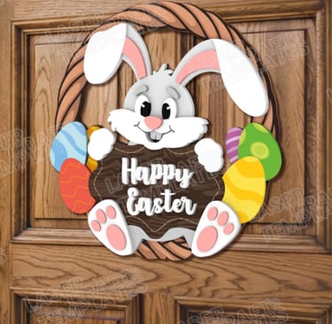 HANDGEFERTIGTER OSTERKRANZ AUS HOLZ – HASENMOTIV GROSS TÜRDEKO BUCHS SG