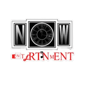 Now Entertainment logo featuring a silver clock face and red typography on a black background.