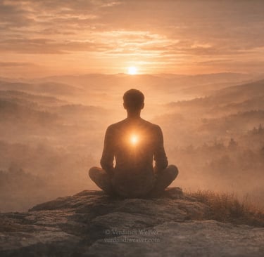 A man practices mindfulness meditation at sunrise on a foggy mountain peak.