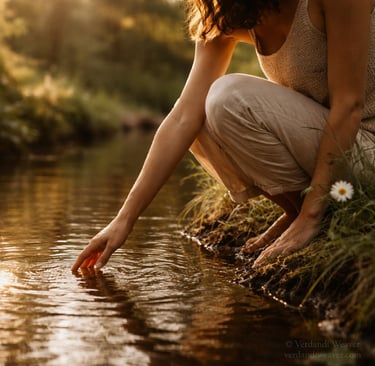 Person gently connecting with nature in warm, grounded presence