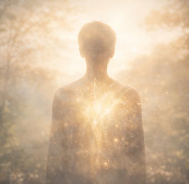 A calm human figure surrounded by soft light and nature, symbolizing soul awareness, inner connectio