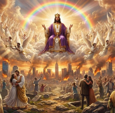 Jesus Christ seated on a heavenly throne with a rainbow and angels above a burning city during the second coming.