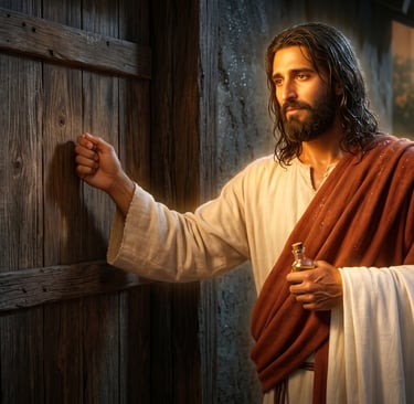 Jesus Christ knocking on a wooden door wanting to come into your home