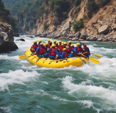 Rafting group navigating the roaring rapids of the Ganges near Tapovan at sunset