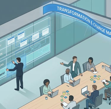 An overhead view of a large, modern corporate workspace where a project 'swimlane' diagram is projected on a glass wall. 