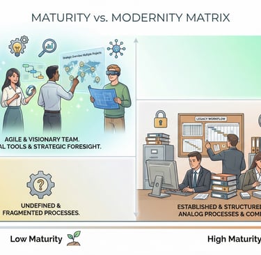 Illustration of a large glass wall in a modern corporate office displaying swimlane. 