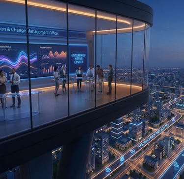 Futuristic illustration of a ‘Transformation & Change Management Office’ as a glass‑walled control room above projects