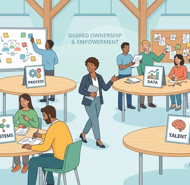 Dynamic illustration of several cross‑functional teams at different tables in a modern workshop space.