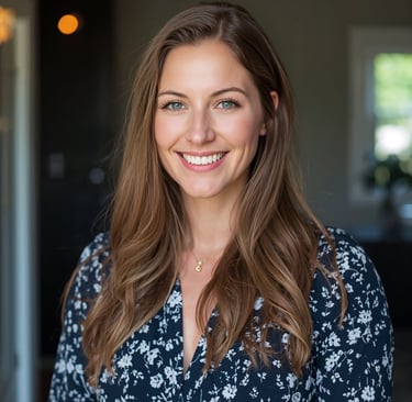 Smiling woman with long brown hair and blue eyes wearing a floral dress for a professional headshot.