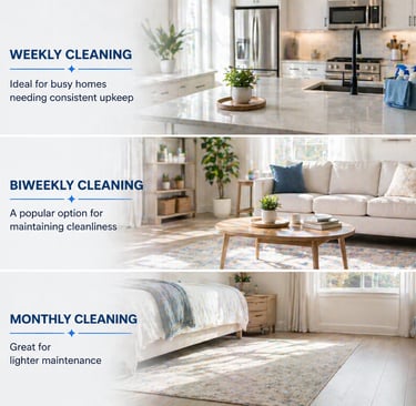 Professional home cleaning services options for weekly, biweekly, and monthly residential housekeeping.