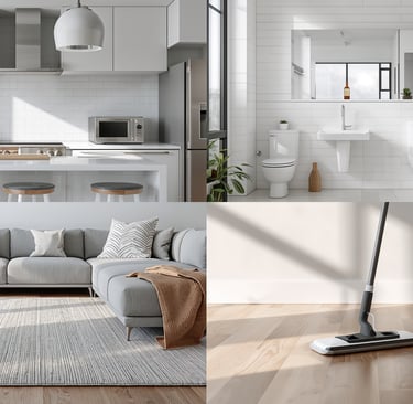 Modern home interior collage showing a clean kitchen, bathroom, living room, and a mop on a hardwood floor.