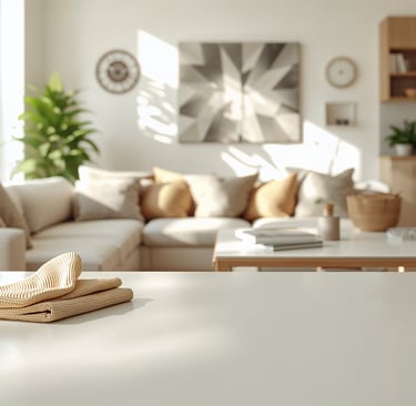 Folded tan textured napkin on a white kitchen counter with a bright modern living room in the background.