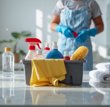 Professional house cleaning supplies in a caddy with spray bottles and microfiber cloths on a marble counter.