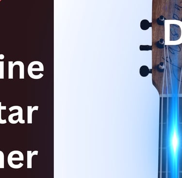 Free online guitar tuner interface showing a guitar headstock and fretboard with a glowing D note indicator.