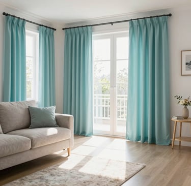 A bright, freshly cleaned living room with sunlight streaming through aqua-toned curtains.