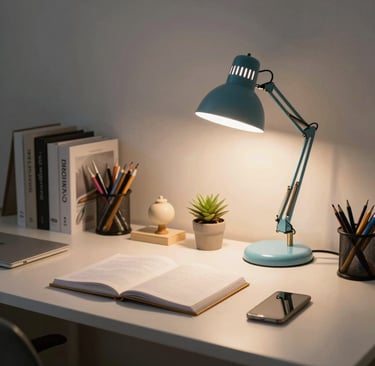 A tidy, organized office desk with a soft blue desk lamp glowing warmly.