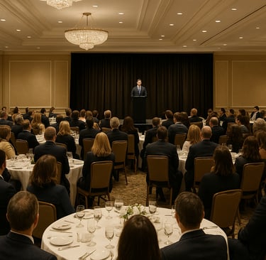 "Speaker addressing an audience at a formal event."