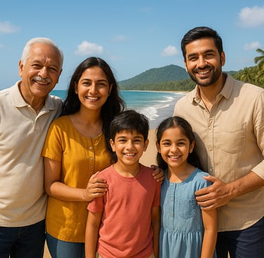 "Happy family posing near a beach and palm trees."