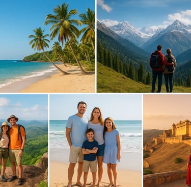 "Beach, mountains, and family travel collage."