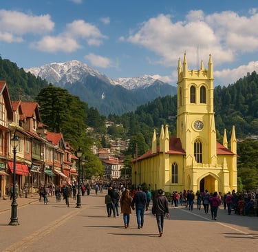 "Colorful town and church with snowy mountains."