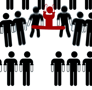 Hierarchijos žmogeliukai, kur vienas raudonas šoka laipteliu aukščiau kenkdamas kitiems