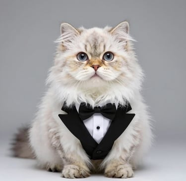 Un gato ragdoll de pelo largo y ojos azules que lleva una camisa azul sobre un fondo gris.