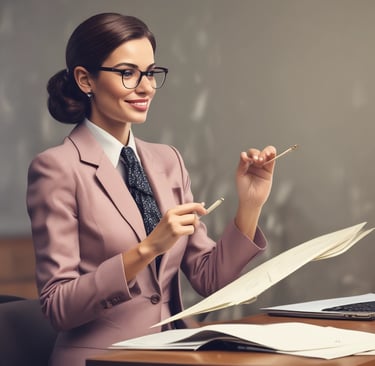 Portrait of a confident woman smiling in a modern office setting.