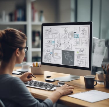 Photo of a vibrant team brainstorming session in a modern office with navy blue accents.