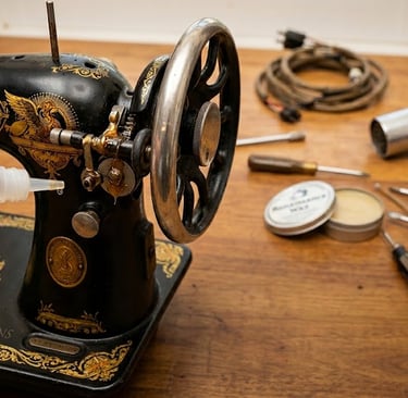 A specialist applying real sewing machine oil to the handwheel to a frozen vintage sewing machine