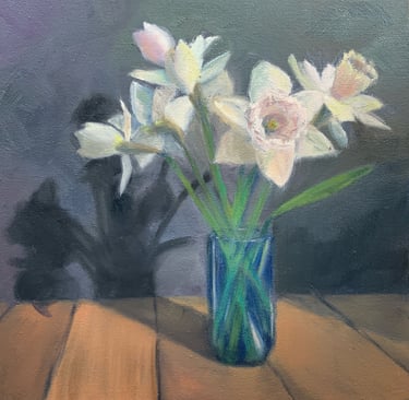 An original oil painting of a variety of Daffodil called Peaches & Cream Narcissi in a blue glass