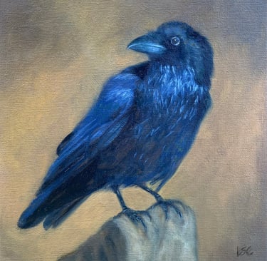 An original oil painting of a crow perching on a piece of wood