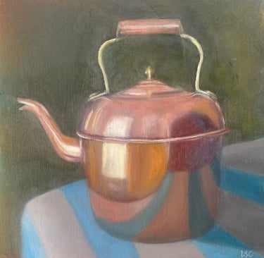 An original oil painting of a vintage copper kettle on a stripy blue & white tablecloth