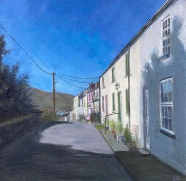 Original oil painting of a sunny lane in Glan Conwy with dramatic shadow