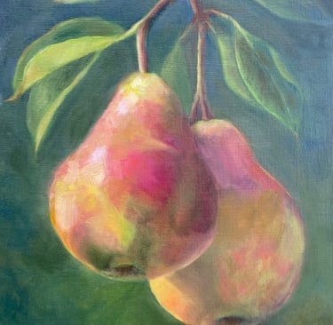 An original oil painting of hanging pears close up on a tree