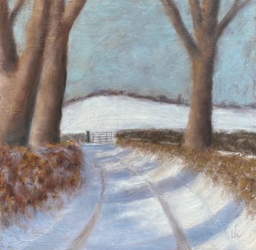 Original oil painting of a sunlit, snowy lane bordered by trees with a gate & hill in the distance 