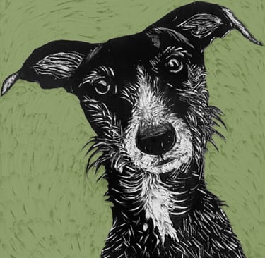 A coloured giclee print of a lurcher handmade clay tile