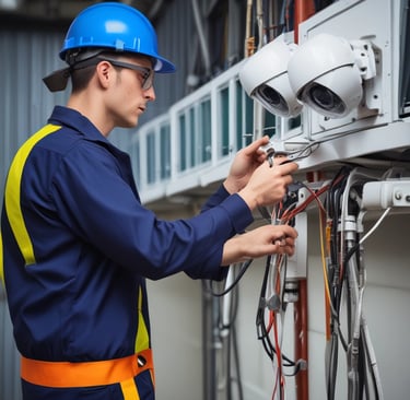 A smiling technician adjusting a biometric device at a customer's front door.