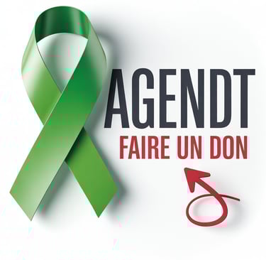 Green awareness ribbon next to the text AGENDT FAIRE UN DON with a red donation arrow.